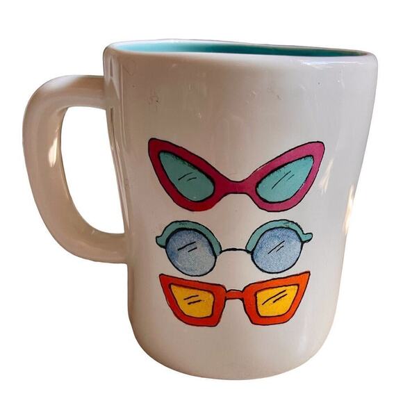 RAE DUNN "THROWING SHADE" Double Sided Coffee Mug Sunglasses Blue Interior - Picture 2 of 4